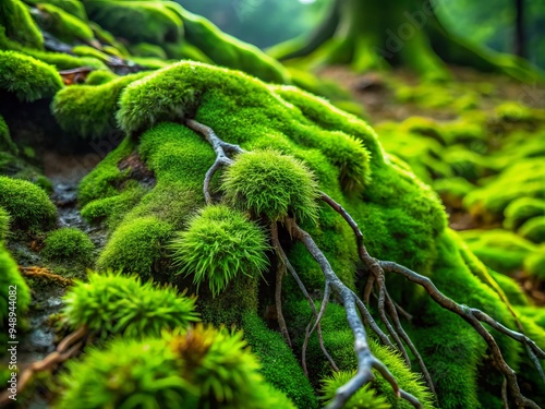 Delicate, thread-like rhizoids of lush green moss spread across a mossy stone surface, showcasing intricate, tiny roots photo