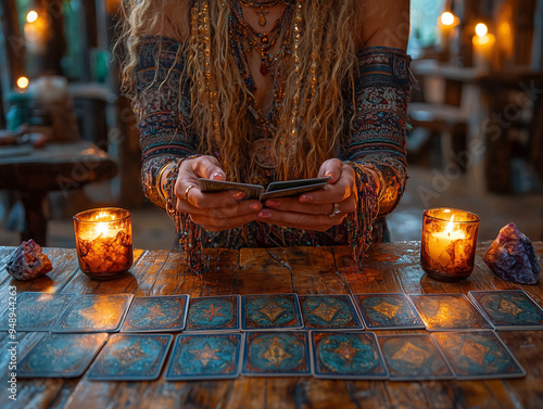 A tarot reader in a dimly lit room, shuffling tarot cards, surrounded by mystical elements like candles and crystals. Perfect for spiritual and esoteric themes photo