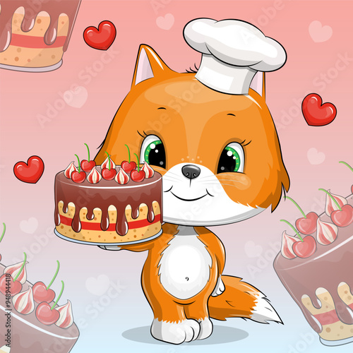 Cute chef fox in chef's hat is holding a cake. Vector animal illustration on a red background with cakes and hearts.