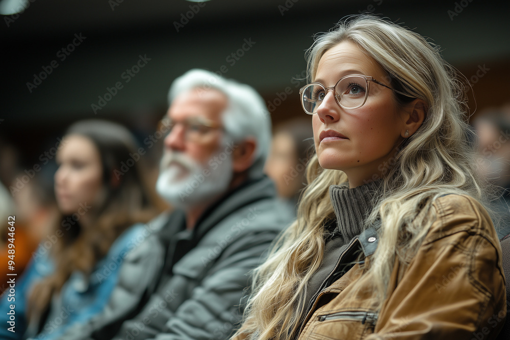 Fototapeta premium Government Accountability: Citizens watching government officials present at a public forum.