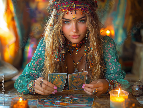 A tarot reader in a dimly lit room, shuffling tarot cards, surrounded by mystical elements like candles and crystals. Perfect for spiritual and esoteric themes photo