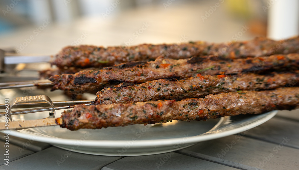 Freshly grilled spicy meat skewers. Freshly grilled spicy meat skewers.