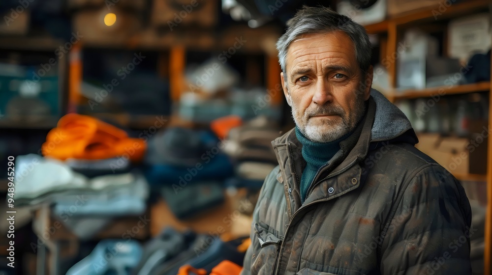 A man stands in front of a pile of clothes, looking at the camera A man stands in front of a pile of clothes, looking at the camera