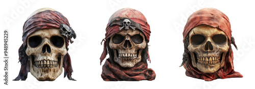 Three pirate skulls with bandanas in different styles isolated on transparent background