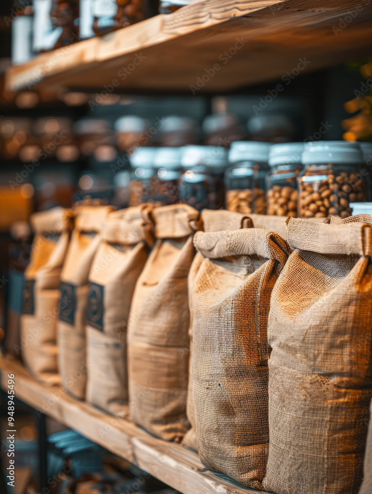 Obraz premium Coffee beans in burlap sacks and jars on wooden shelves.