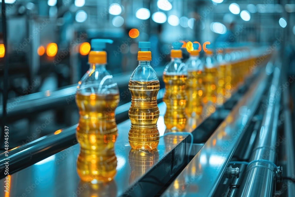 Bottles of Liquid Moving on Conveyor Belt in Factory Bottles of Liquid Moving on Conveyor Belt in Factory
