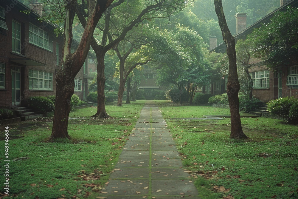 Fototapeta premium Brick Buildings and a Path Through Lush Green Foliage