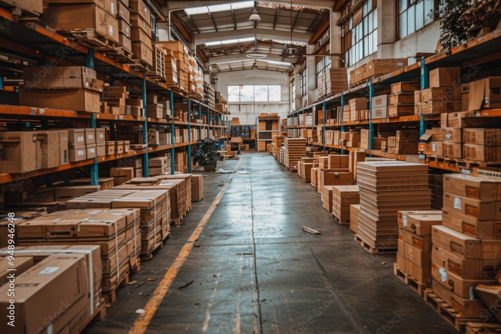 Fototapeta premium Cardboard Boxes Stacked on Shelves in a Warehouse