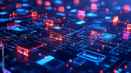 A 3D digital asset management system with glowing asset icons, representing the organization and control of financial portfolios and assets 