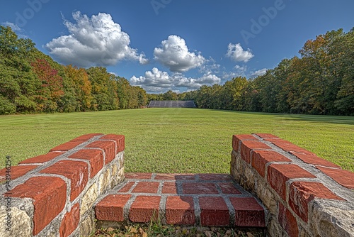 Brick Pathway Leading to a Grassy Field with Bleachers in the Distance photo