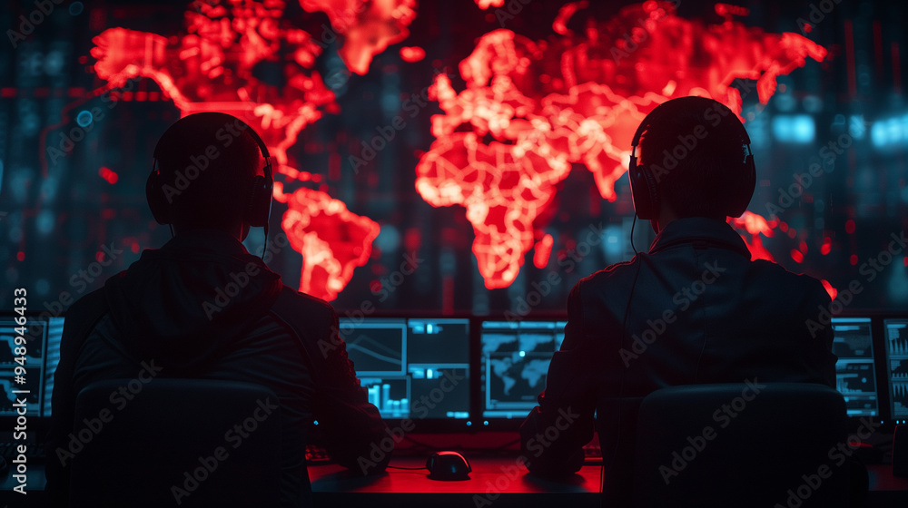 cyber security concept, silhouette watching the world map with red dots on digital screens. cyber security concept, silhouette watching the world map with red dots on digital screens.