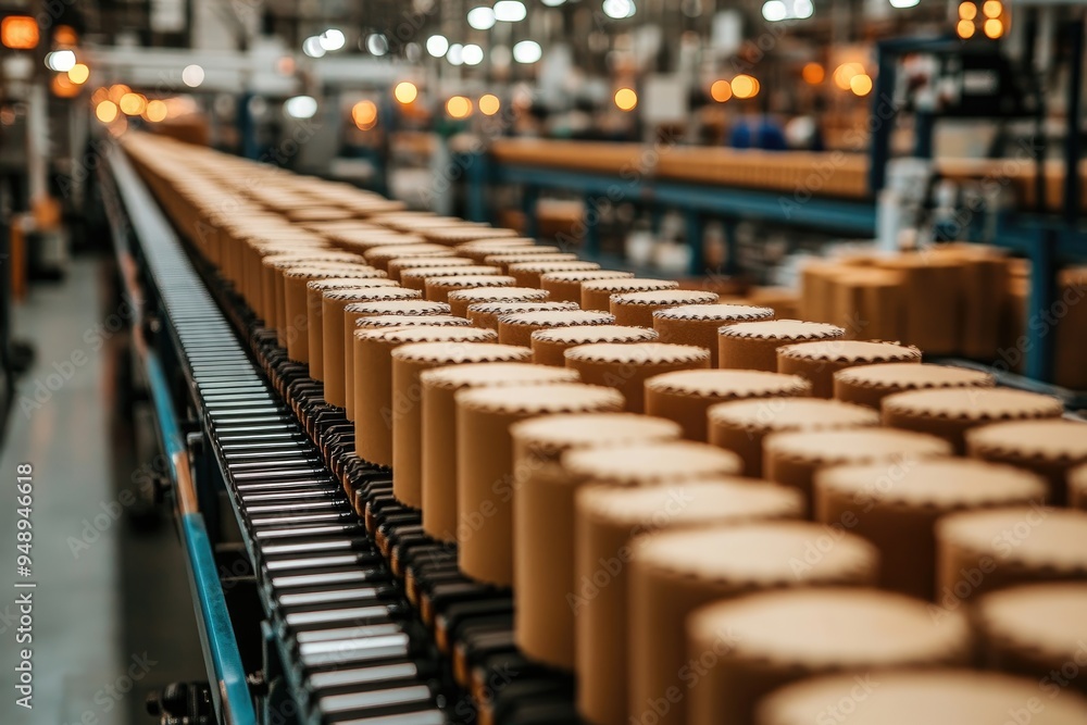 Close-up of a Conveyor Belt Carrying Cylindrical Products in a Factory Setting Close-up of a Conveyor Belt Carrying Cylindrical Products in a Factory Setting