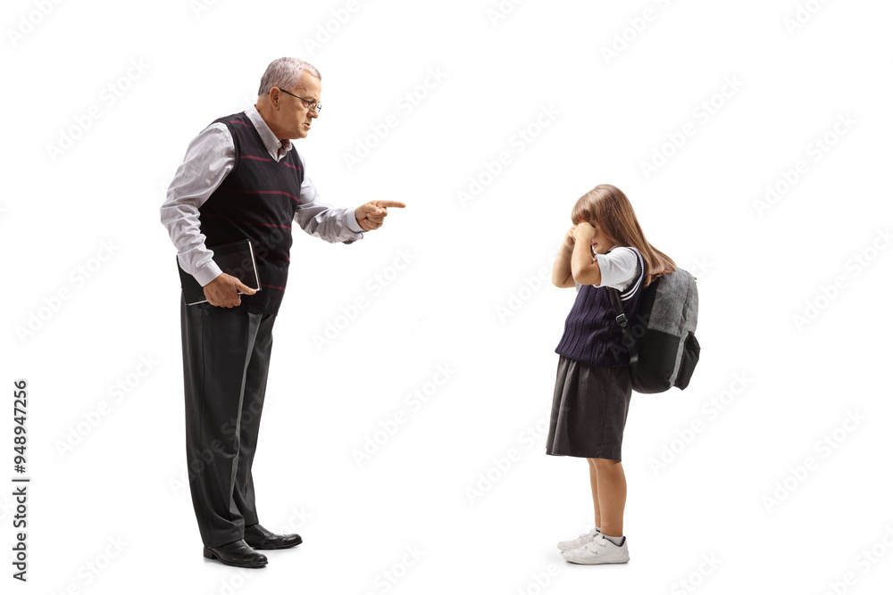 Full length profile shot of a strict teacher scolding a schoolgirl Full length profile shot of a strict teacher scolding a schoolgirl