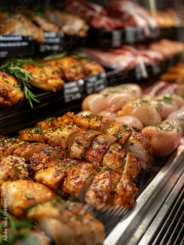 Fresh marinated chicken on display at a butcher's shop.