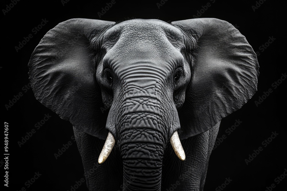 Fototapeta premium Close-up Portrait of a Majestic Elephant with Wrinkled Skin and Prominent Tusks