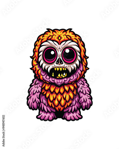 A cartoon monster with a cute but eerie expression, featuring a large hollow head and bright pink eyes.