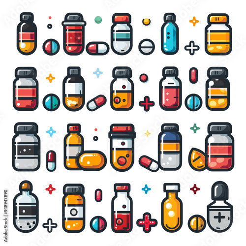 Medicine icons set in flat style. Vector illustration with pills, tablets and capsules