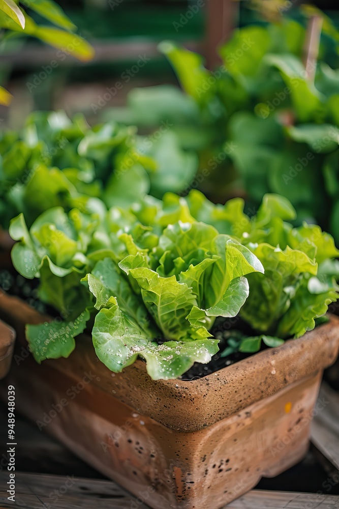 Fresh Green Lettuce Growing in a Rustic Planter Box in Home Garden Fresh Green Lettuce Growing in a Rustic Planter Box in Home Garden