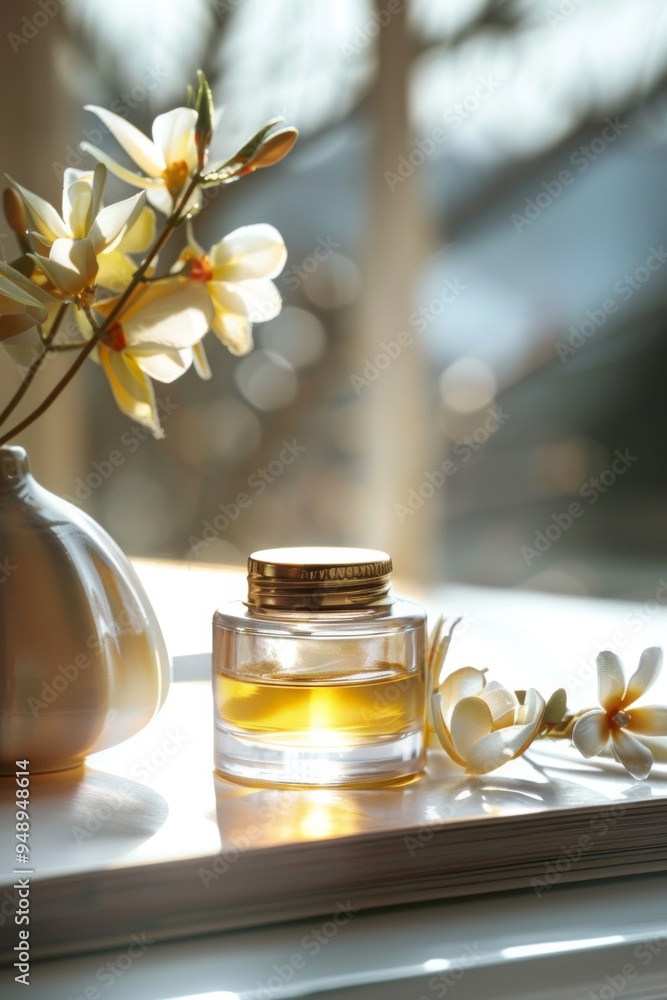 A serene morning light illuminating a glass jar of essential oil beside delicate flowers on a windowsill in a peaceful setting A serene morning light illuminating a glass jar of essential oil beside delicate flowers on a windowsill in a peaceful setting