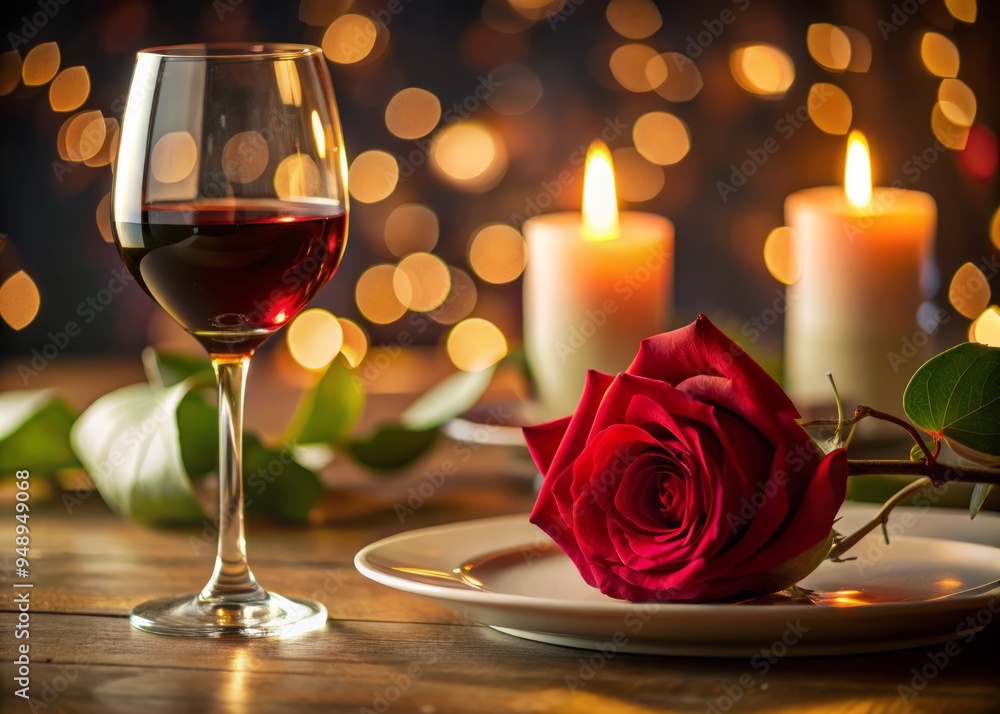 Elegant table setting with a red rose, candlelight, and a glass of wine, evoking a sense of luxury and romance Elegant table setting with a red rose, candlelight, and a glass of wine, evoking a sense of luxury and romance