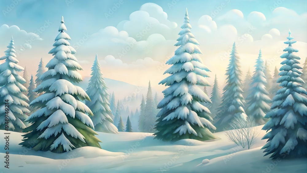 Obraz premium Snow-Covered Pine Trees in a Serene Winter Landscape, Soft Pastel Sky