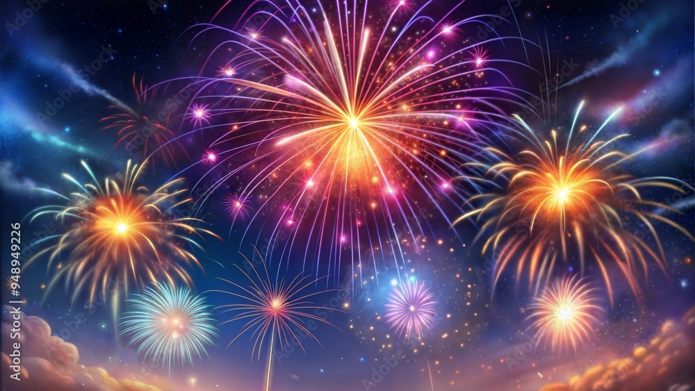Obraz premium Bright Fireworks in the Night Sky, New Year's Eve Celebration