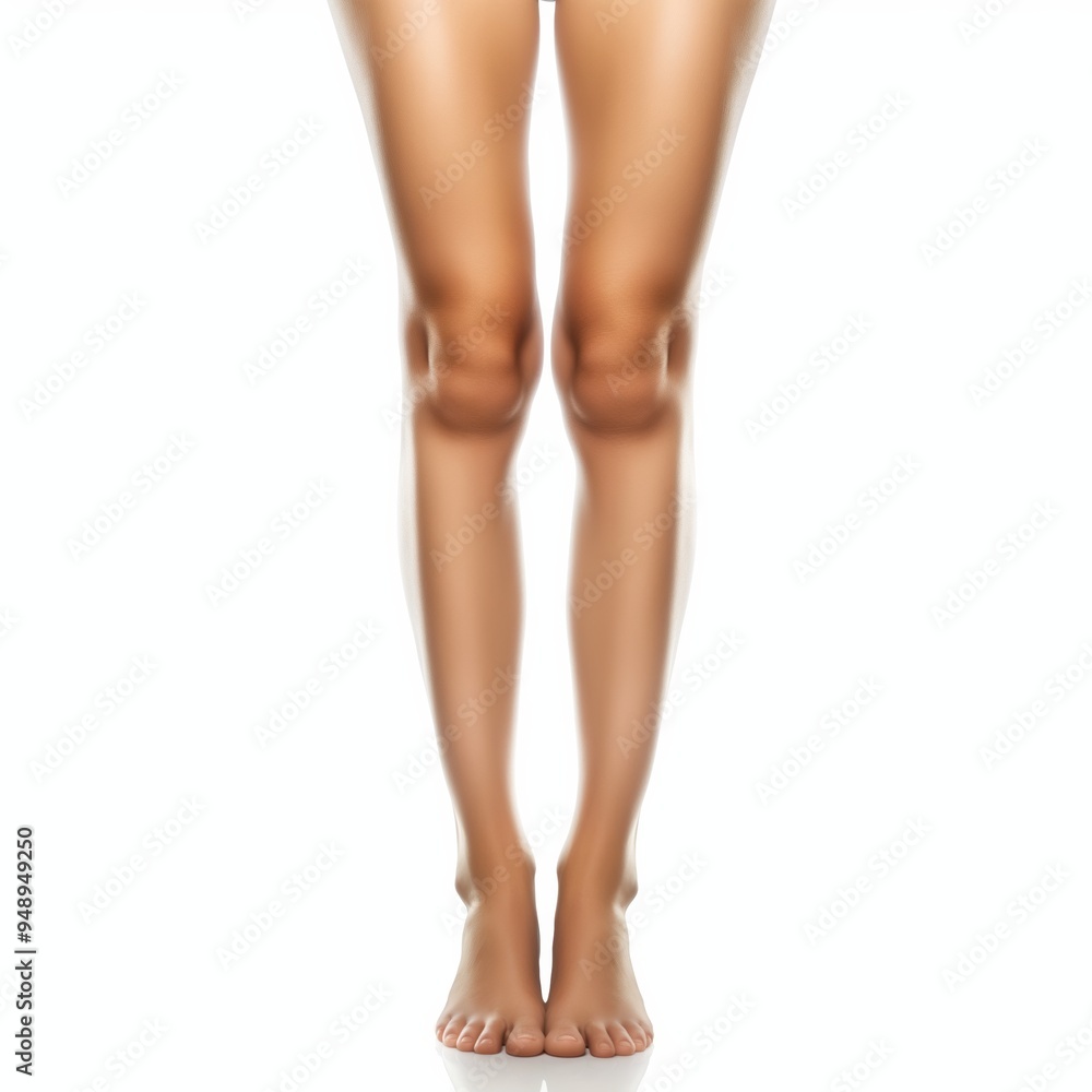 A woman's legs are shown in a white background. The legs are bare and have a tan color A woman's legs are shown in a white background. The legs are bare and have a tan color