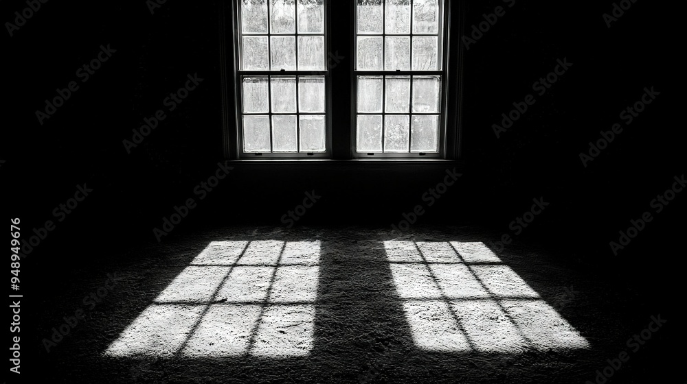 Two windows in a dark room with a rug on the floor in front of them Two windows in a dark room with a rug on the floor in front of them