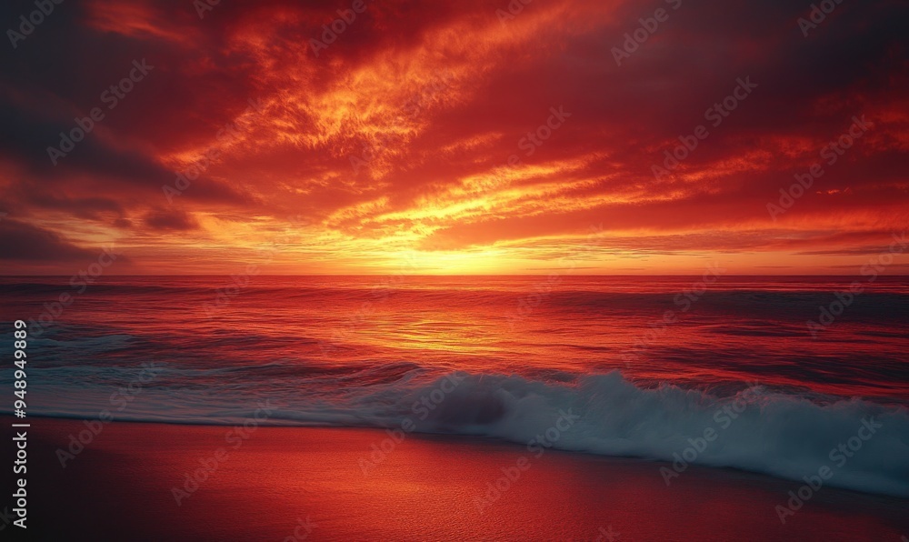 Fiery red and orange sunset, calm ocean reflecting the vibrant colors Fiery red and orange sunset, calm ocean reflecting the vibrant colors