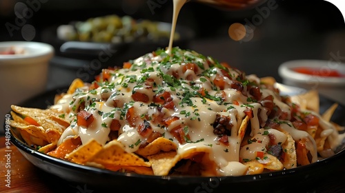 A plate of nachos covered in cheese and meat