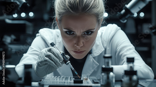 Dedicated Laboratory Doctor Conducting a Detailed Microscopic Analysis in a High-Tech Research Laboratory Demonstrating Precision and Expertise in Scientific Exploration and Medical Diagnostics