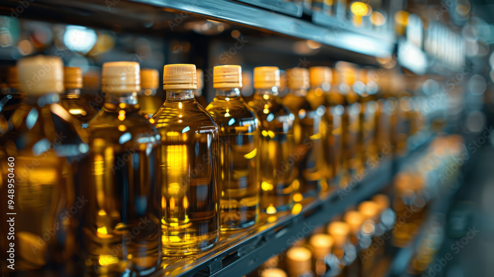Rows of cooking oil bottles on supermarket shelves Rows of cooking oil bottles on supermarket shelves