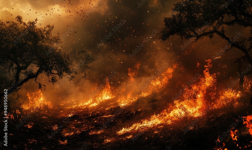 Flames spreading rapidly across a hillside, the fire consuming dry vegetation Flames spreading rapidly across a hillside, the fire consuming dry vegetation