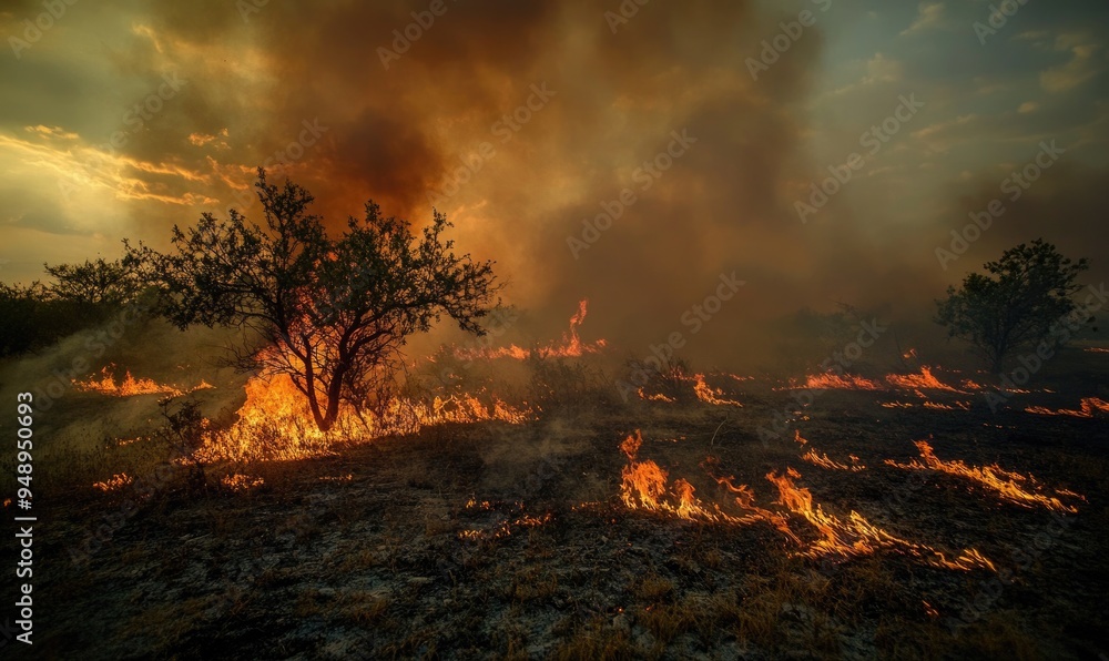 Flames spreading rapidly across a hillside, the fire consuming dry vegetation Flames spreading rapidly across a hillside, the fire consuming dry vegetation