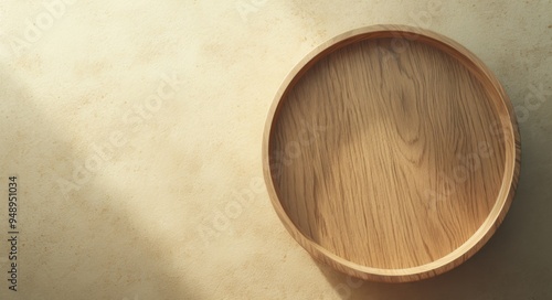 Empty Light Wooden Plate on a Table Mock-Up with Blurred Background for Minimalistic Product Presentation