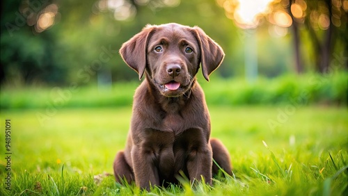 A friendly, floppy-eared chocolate Labrador retriever puppy with a wagging tail and playful demeanor sits on a lush green lawn, awaiting adventure. photo