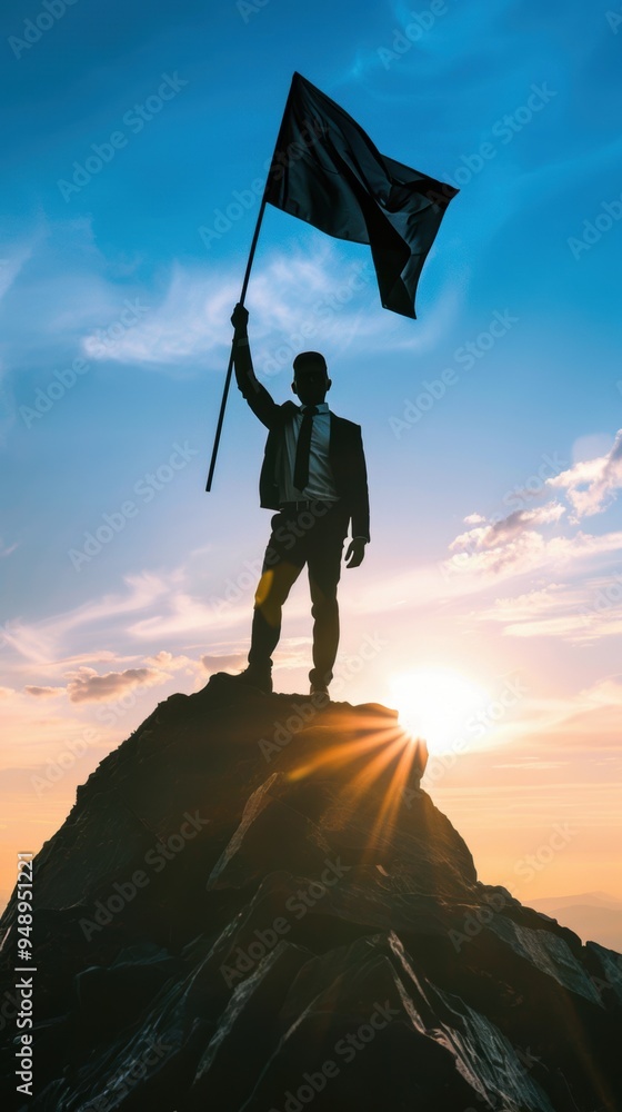 Obraz premium A triumphant person holding a flag atop a mountain during a vibrant sunset
