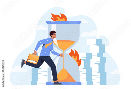 Man with deadline. Young guy with briefcase run near hourglasses. Time management, scheduing and planning. Businessman rushes and late. Flat vector illustration isolated on white background