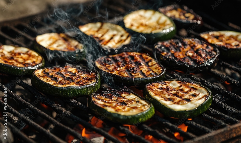 Grilled zucchini and eggplant slices roasting over red-hot coals Grilled zucchini and eggplant slices roasting over red-hot coals