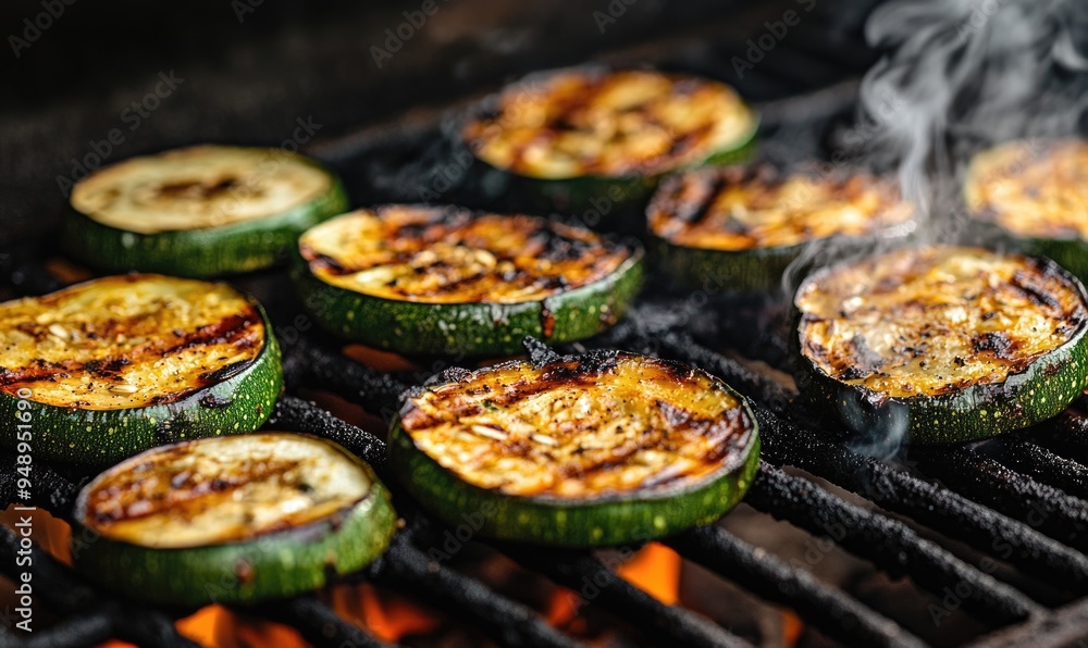 Grilled zucchini and eggplant slices roasting over red-hot coals Grilled zucchini and eggplant slices roasting over red-hot coals