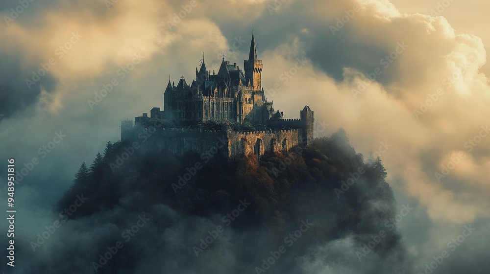 Spooky Halloween castle surrounded by eerie mist on a hilltop
Spooky Halloween castle surrounded by eerie mist on a hilltop