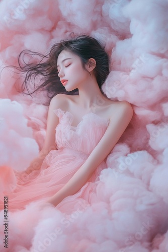 Dreamy Ethereal Portrait of a Woman in Soft Pink Tulle Surrounded by Fluffy Clouds