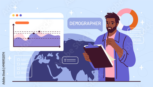 Demographer man concept. Guy studying statistical graphs and charts for research. Evaluation of world popularity and demography. Different generations stats. Flat vector illustration