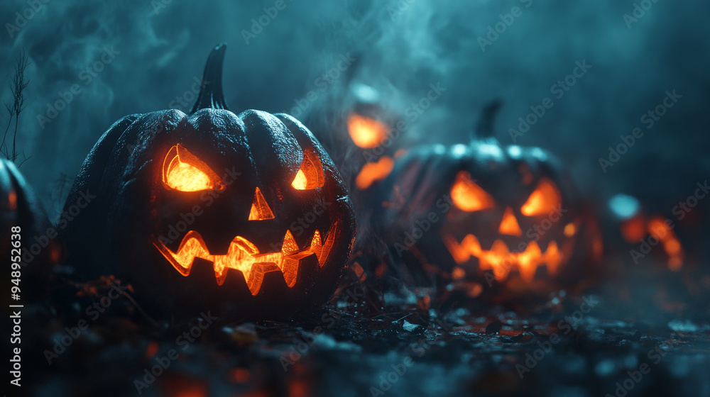 Creepy jack-o'-lanterns glowing in the dark Halloween mist
Creepy jack-o'-lanterns glowing in the dark Halloween mist