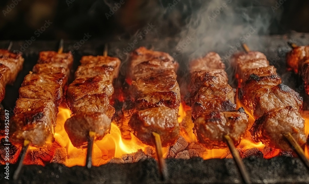 Lamb meat sizzling over hot coals, smoke swirling around the meat Lamb meat sizzling over hot coals, smoke swirling around the meat