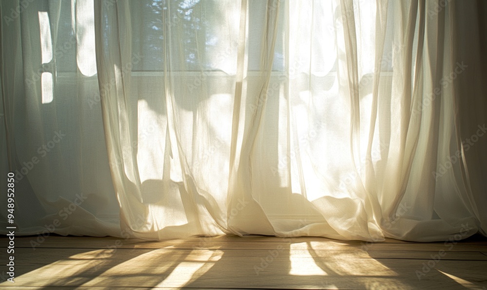 Light, airy curtains, soft sunlight streaming through, delicate fabric softly moving Light, airy curtains, soft sunlight streaming through, delicate fabric softly moving
