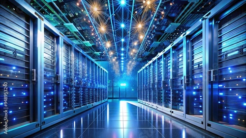 A futuristic network server room with rows of humming machines, blinking lights, and fiber optics, symbolizing efficient data management and reliable IT services infrastructure.