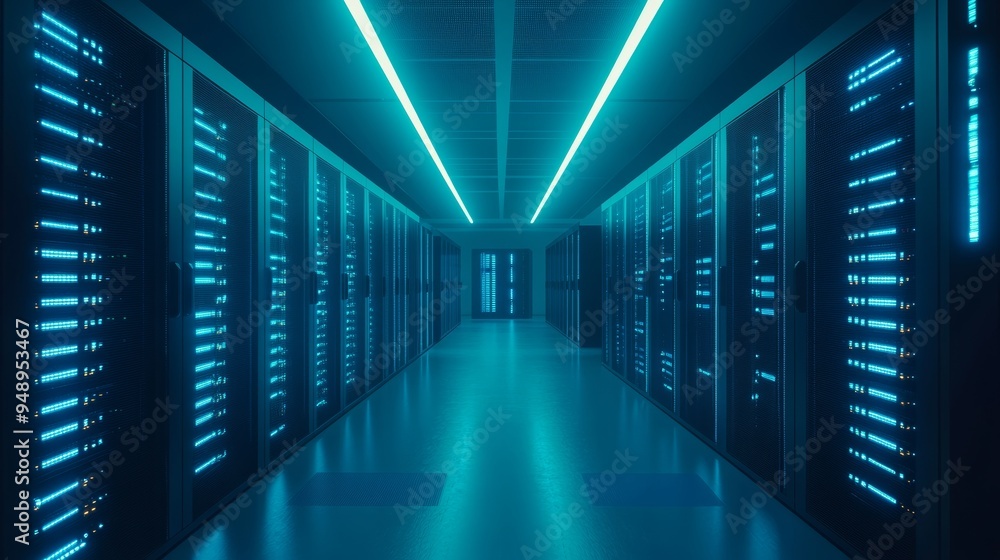 Server room with rows of active servers glowing with blue lights, providing computing power for data storage and processing Server room with rows of active servers glowing with blue lights, providing computing power for data storage and processing