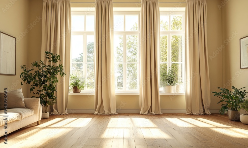 Fototapeta premium Minimalist living room, wide window with beige curtains