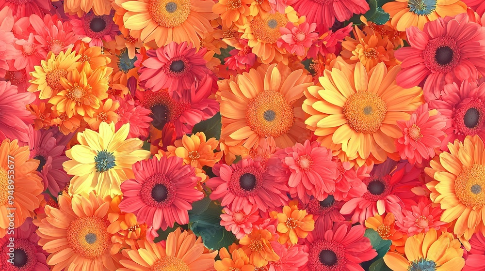 A close-up of several flowers featuring a plethora of orange and yellow hues in the heart of the photograph A close-up of several flowers featuring a plethora of orange and yellow hues in the heart of the photograph